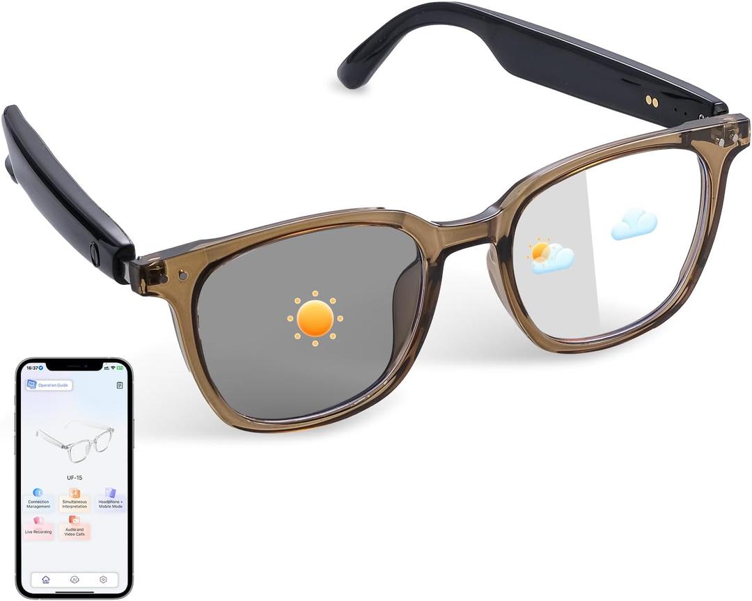 Smart Translation Glasses Integrated with ChatGPT AI, Support 160+ Languages, AI Noise Reduction, Video/Audio Calls Eyewear, Photochromic Lenses Bluetooth Eyeglasses Suit for Indoor Outdoor (Brown)