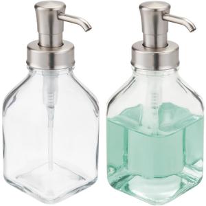 mDesign Square Glass Refillable Liquid Soap Dispenser Pump Bottle for Bathroom Vanity Countertop, Kitchen Sink - Holds Hand Soap, Dish Soap, Hand Sanitizer, Essential Oils - 2 Pack - Clear/Brushed