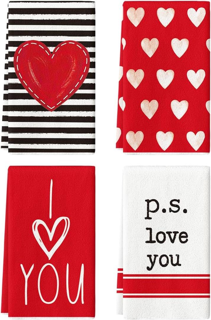 Artoid Mode Red Heart Stripe I Love You Valentine's Kitchen Towels Dish Towels, 18x26 Inch Farmhouse Wedding Decoration Hand Towels Set of 4