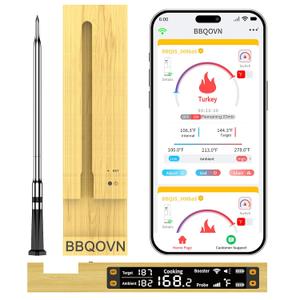 BBQOVN WiFi Sub-1G Wireless Meat Thermometer Unlimited Range, Check Temp Anywhere,7 NIST Certified Sensors with Ambient Temp, Monitor for BBQ, Grill, Oven, Smoker, Air Fryer (Harvest Bamboo)