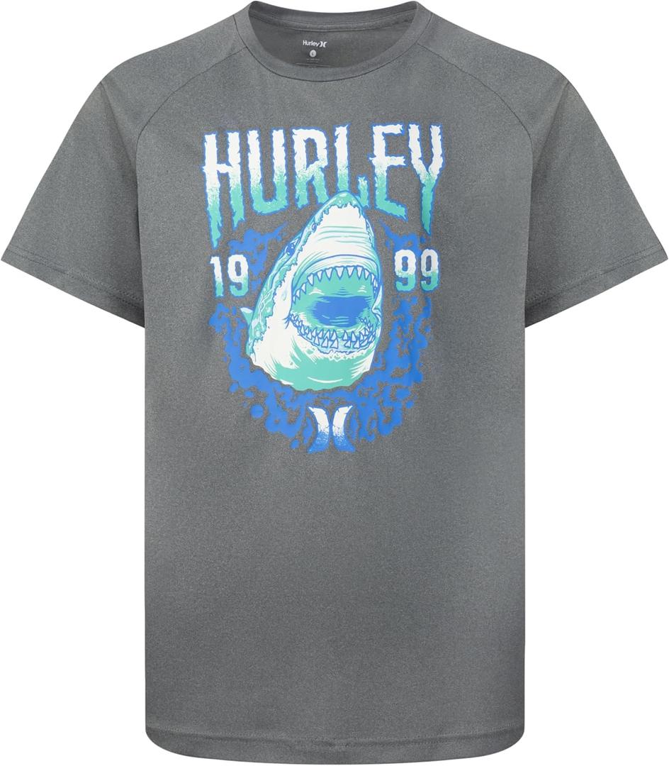 Hurley Boy's Icon UPF 50+ Rash Guard Swim Shirt (4, Black Heather/Shark)