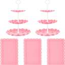 5 Pcs Dessert Stand Set, 2X Small 3 Tiers White Plastic Cupcake Stand Holder & 3X Rectangle Party Serving Trays/Platters for Wedding Birthday Baby Shower Tea Party Buffet (Pink)