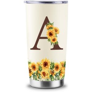 Sunflower Gifts for Women - Personalized Christmas Gifts for Women - Birthday Gift for Woman - Mothers Day Gift for Mom - Monogrammed, Initial 20oz Travel Cup Insulated Tumbler with Lid, A