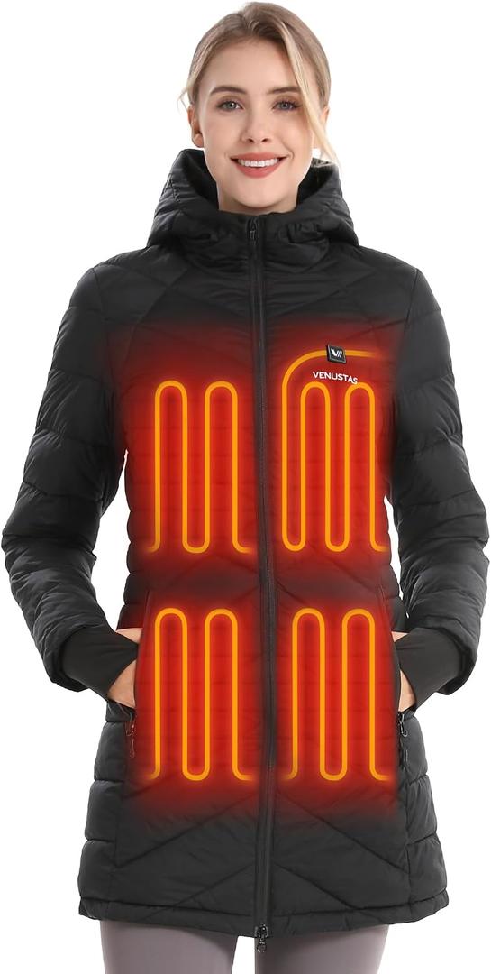 Venustas Womens Long Heated Jacket with Battery Pack, 100% Recycled Quilted Electric Puffer Winter Coat with Hood L
