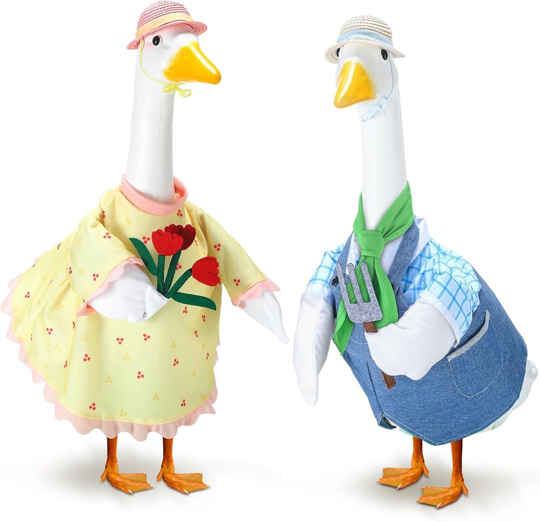 Geyoga 2 Set Spring Goose Outfit Gardener Lawn Porch Goose Clothes Easter Couple Clothing 23 High Garden Costume for Spring Easter Patio Yard Outdoor Decoration (Blue and Pink)