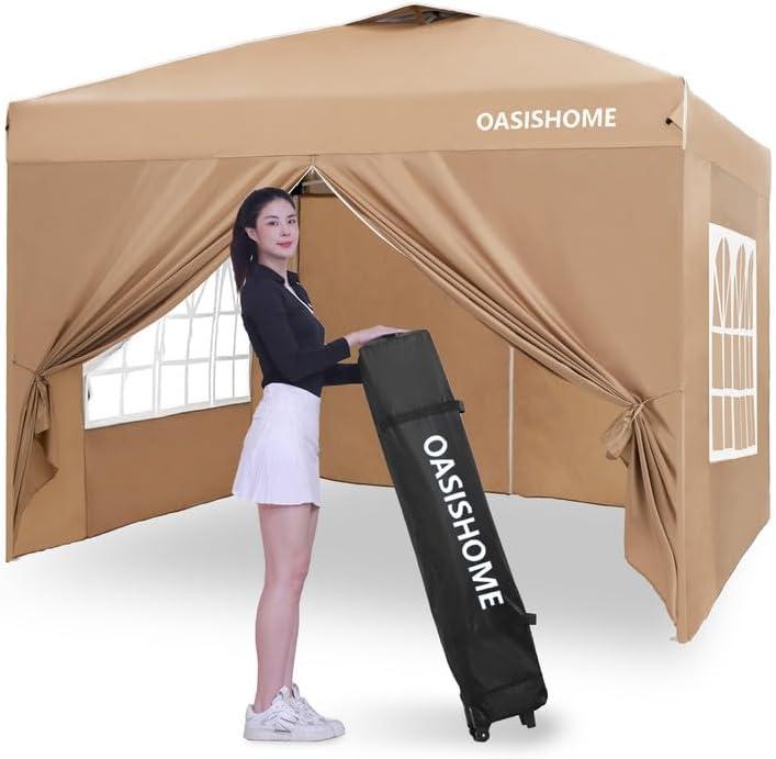 OASISHOME Pop-up Gazebo Instant Portable Canopy Tent 10'x10', with 4 Sidewalls, Windows, Wheeled Bag, for Patio/Outdoor/Wedding Parties and Events (10FTx10FT, Khaki)