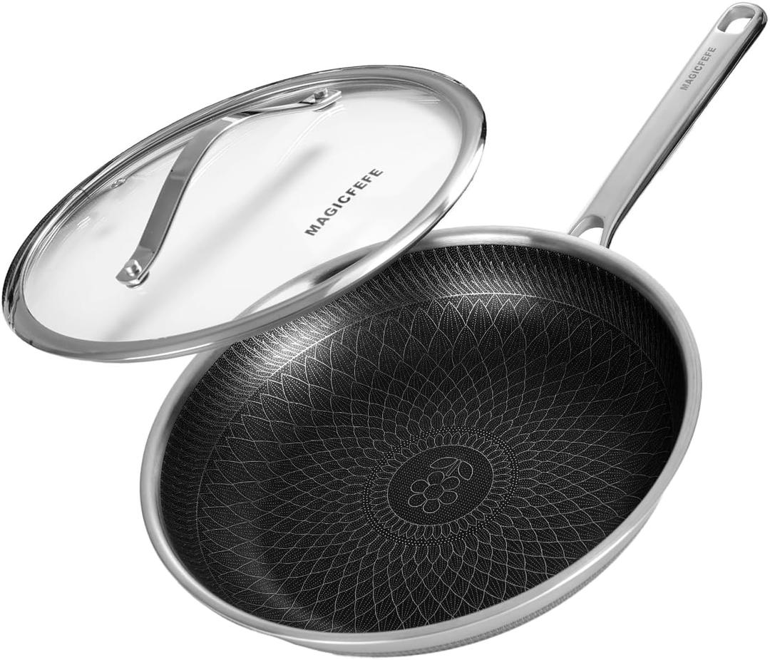 Non Stick Frying Pan 12 Inch with Lid, Hybrid Nonstick Stainless Steel Skillet Pan with Stay-cooling Handle, PFOA Free Non Toxic Dishwash & Oven Safe, Induction Ready, All Cooktops