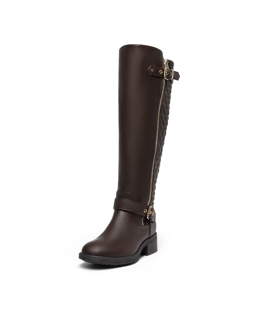 DREAM PAIRS Women's Knee High Boots Low Block Heel Riding Boots Round Toe Side Zipper Biker Motorcycle Buckle Boots US 8