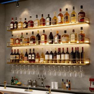 Wall-Mounted Metal Wine Rack with LED Lights 3-Tier Floating Bar Shelves with Wine Glass Rack Large Wine Bottle Display Rack Hanging Shelf, for Home Bar Dining Room Decorative (gold, 140cm/55in)