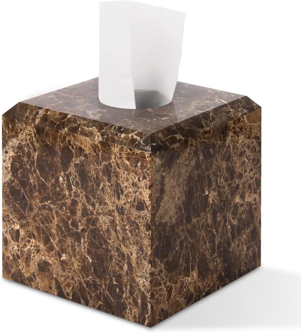 Natural Marble Square Tissue Box Cover,Stone Modern Decorative Sturdy Napkin Box Holder Case,Facial Paper Organizer for Bathroom Vanity Toilet Countertop,Kitchen (1, Dark Brown, 5.71 * 5.71 * 5.51)