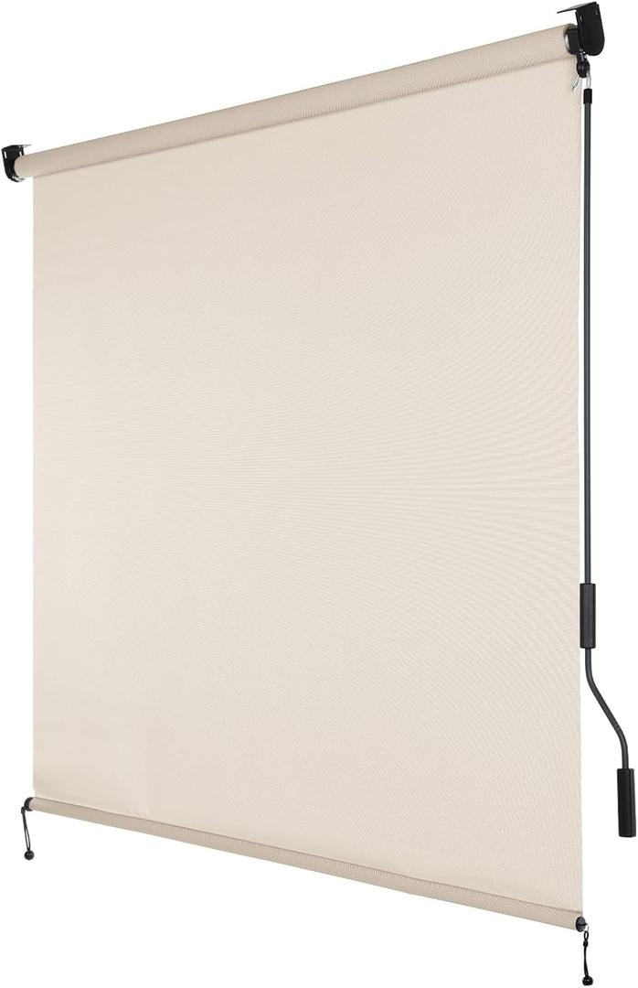 5% Openness Cordless Solar Fabric Roller Shade, 7'W x 8'H Sun Shade for Outdoor Gazebo Pergola Porch Use, 95% UV Protection Blinds, Beige, 84"W x 84"H
