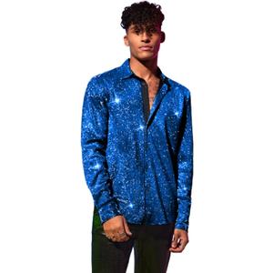 WDIRARA Men's Sheer Mesh See Through Glitter Button Front Long Sleeve Shirt Tops (XX-Large, Deep Blue)