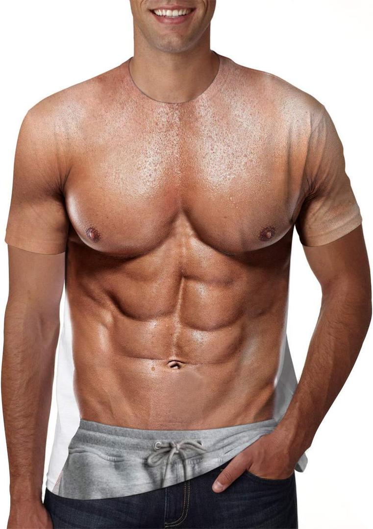 uideazone Mens Short Sleeve T-Shirt Casual 3D Creative Print Crewneck Graphic Tees (Medium, Abs Muscle Brown)