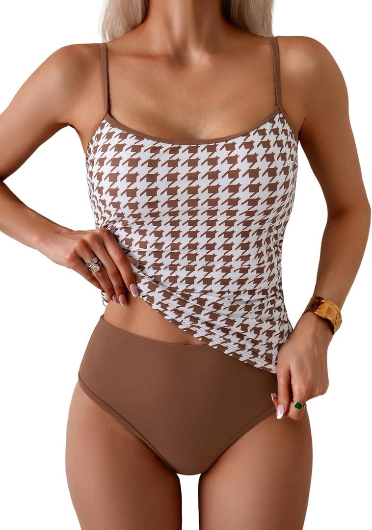 Eomenie Women's Tankini Swimsuits Two Piece Tummy Control Bathing Suit Color Block Slim Swimwear with High Waisted Bottom (Large, Printed Brown White)