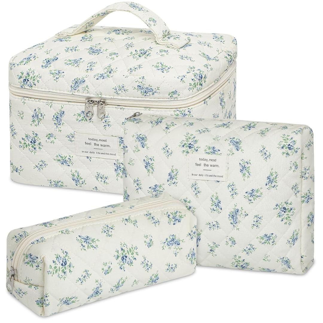 senbowe Floral Makeup Bag, 3 Pack Large Cotton Quilted Makeup Bag Set, Cute Floral Coquette Aesthetic Toiletry Bag Make Up Cosmetic Bag for Women, Toiletry Travel Make Up Organizer Bag (Blue-Green Flower)