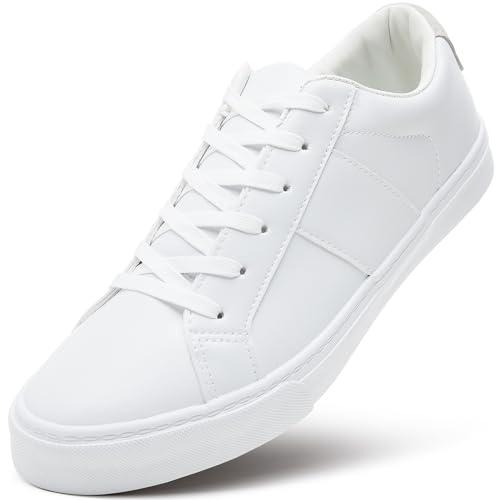 ZGR Men's Synthetic Leather White Sneakers,Low Top White Tennis Shoes,Lace up Casual Shoes(White,US13)
