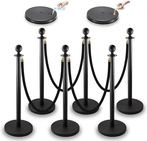 REGRACENLO Stanchions with Velvet Ropes Set, 5 ft Velvet Ropes and Posts, Stainless Steel Barriers for Crowd Control Barriers, Party Supplies, Exhibition (Black-6pcs)