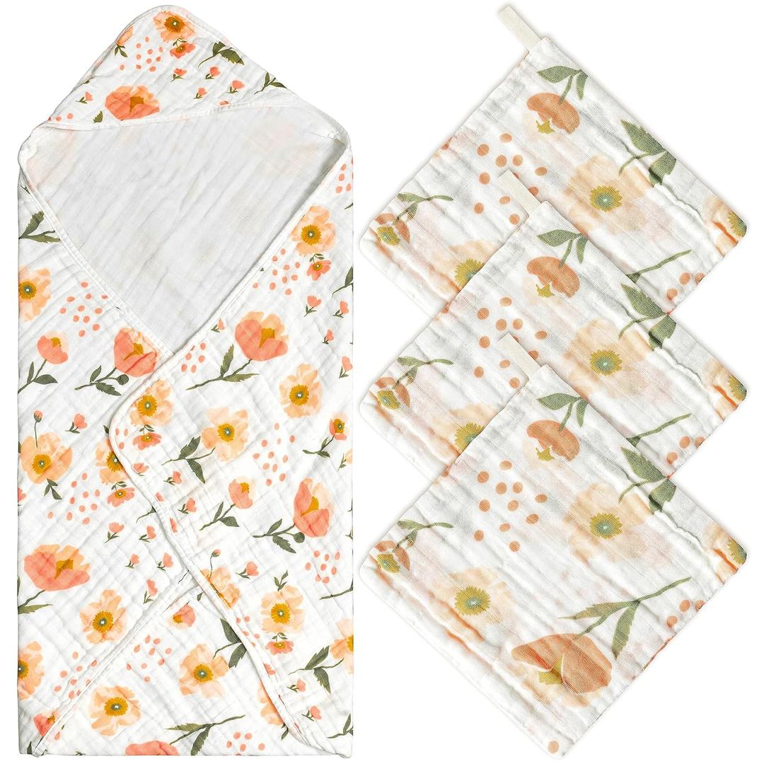 Zainpe 4Pcs Muslin Baby Hooded Towel & Washcloth Set, Flowers Soft Absorbent Cotton Bath Hand Towels Infant Shower Gifts for Newborn Toddler Boys Girls Feeding Teething Sleeping 31.5 X 31.5 in (Orange)