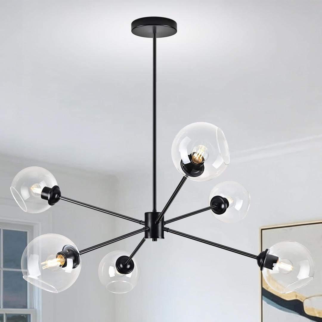 KoKo&Yukina 6-Light Globe Sputnik Chandelier Modern Black Sputnik Chandelier Mid Century Pendant Light Matte Black Finished with Clear Globe Glass Lampshade Chandeliers for Dining Room Kitchen Bedroom