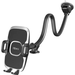 1Zero Solid Car Truck Phone Mount Holder with 14-Inch Gooseneck Long Arm, Windshield Window Mobile Holders w/Industrial-Strength Suction Cup, Anti-Shake Stabilizer Compatible All Cell Phones iPhone (Black Mirror Surface with Silver Ring)