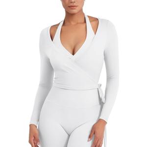 YEOREO Women Pilates Wrap Top Long Sleeve Tie Ballet Workout Yoga Shirt Michelie Y2K V Neck Cropped Tops (Small, White)