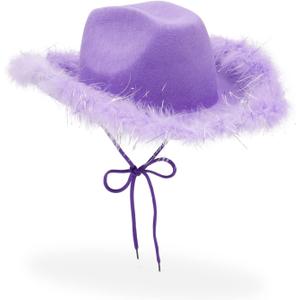 Zodaca Purple Cowboy Hat for Women - Fluffy Purple Sparkly Cowgirl Hat with Feathers for Halloween, Birthday, Bachelorette Party