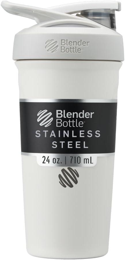 BlenderBottle Strada Shaker Cup Insulated Stainless Steel Water Bottle with Wire Whisk, 24-Ounce, White | Insulated, Water Bottle, Wire Whisk