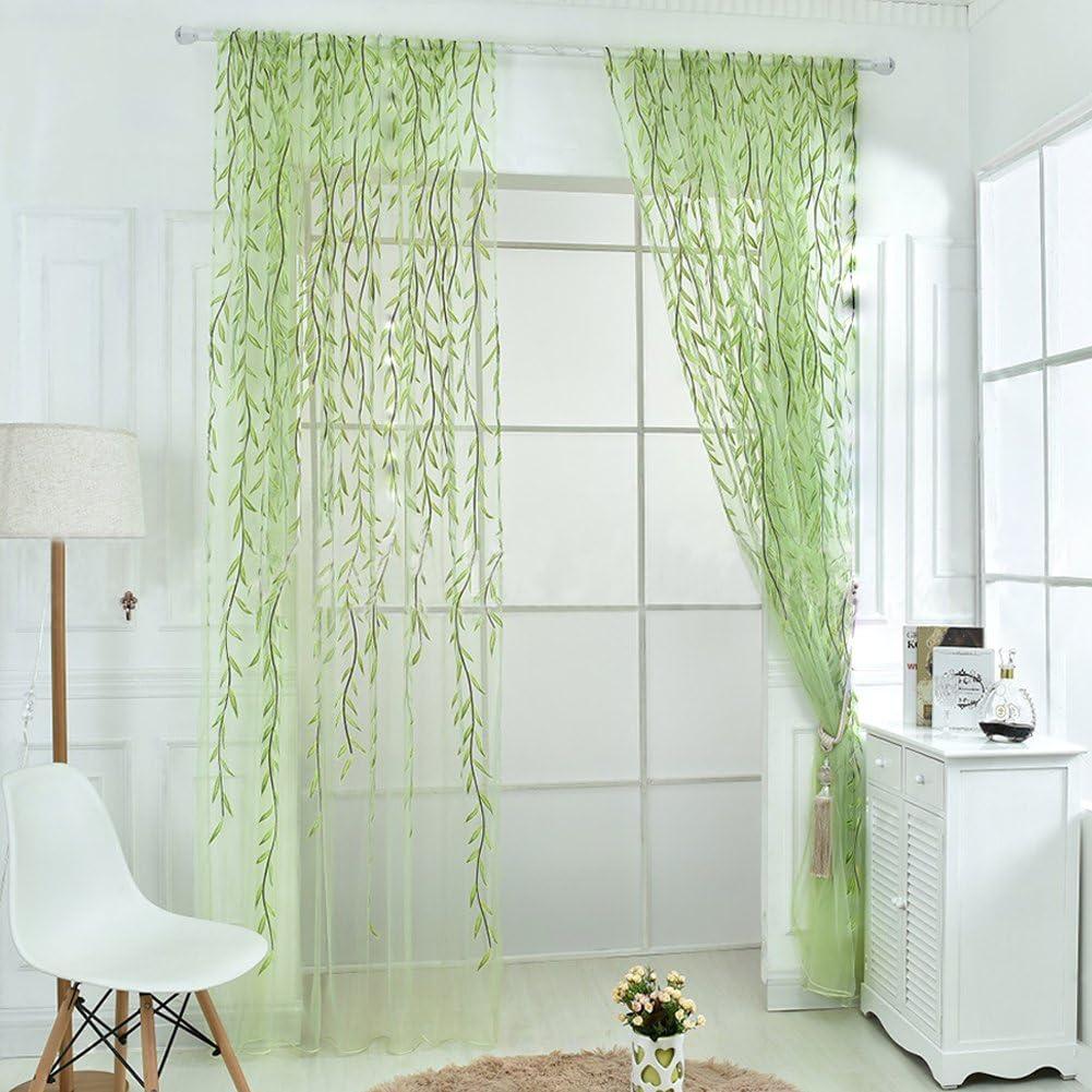Ufurty 2 Pieces Willow Window Curtain Voile Tulle Room Salix Leaf Sheer Gauze Panel Drapes Green Color for Living Room, Bedroom, Balcony