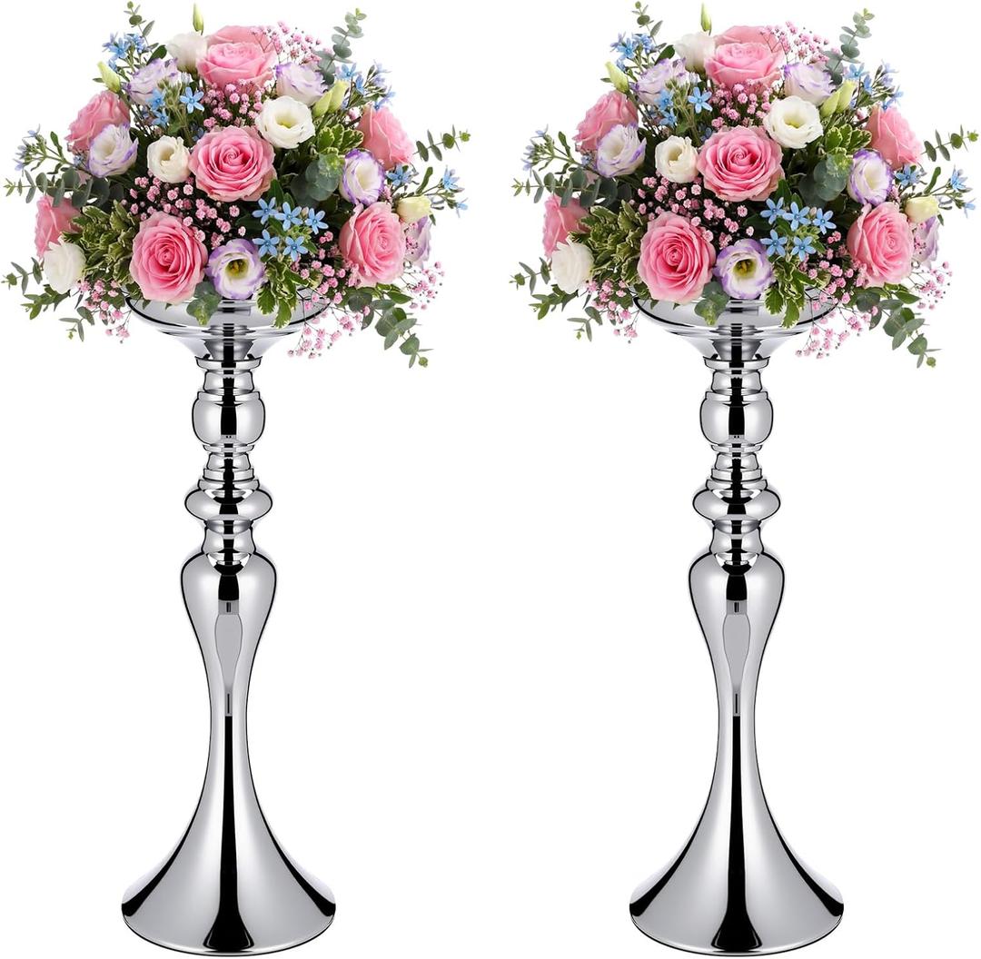 Sadnyy 2 Pcs Sliver Metal Flower Arrangements Stand Tall Wedding Centerpiece Stand Table Decor Flower Vase for Wedding Reception Event Party Dinner Home Decor(15 Inch)