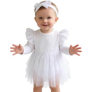 Baby Girl Ruffle Sleeve Romper Dress Outfit Newborn Princess Tulle Dresses Infant Jumpsuit Tutu Skirt Set Clothes (9-12 Months, White-long Sleeve)