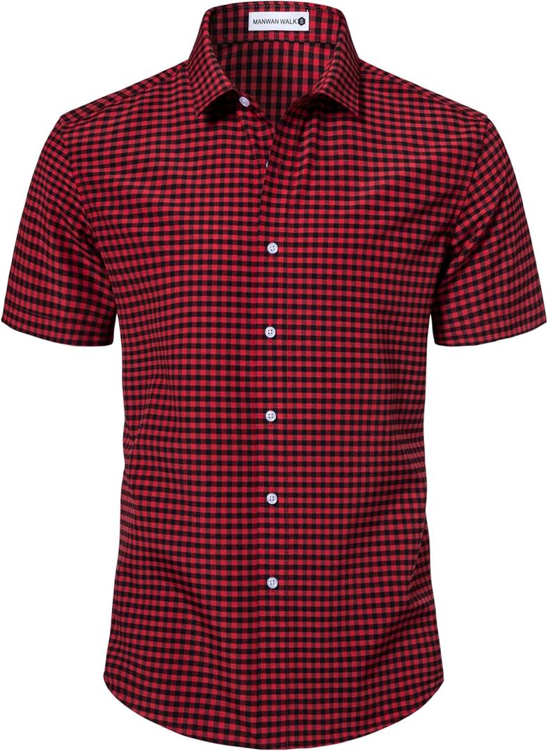 Manwan walk Mens Short Sleeve Plaid Casual Button Down Shirts Gingham Regular Fit Dress Shirts (XX-Large, Red/Black)