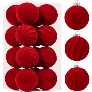Wironlst Velvet Ornaments for Christmas Tree, 3 Style Flocked Matte Velvet Christmas Ball Ornaments, Shatterproof Decor for Xmas Tree Wedding Holiday Party Home (3.15" 16pcs Red)