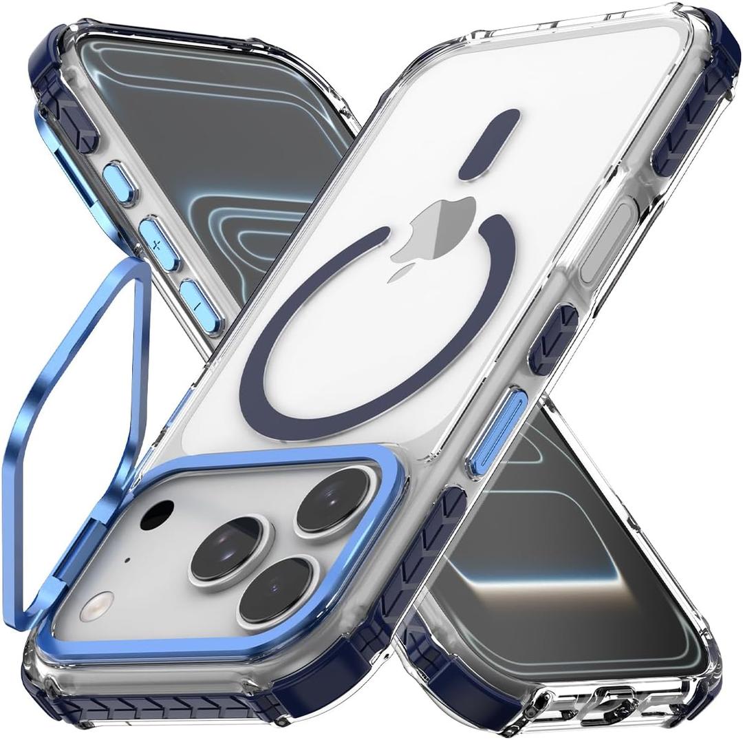 Nvollnoe for iPhone 17 Pro Case Compatible with MagSafe Military Grade Shockproof Heavy Duty Protective Adjustable Kickstand Ultra Clear Magnetic Phone Case for iPhone 17 Pro, Pack of 2, Clear Blue, Clear Orange