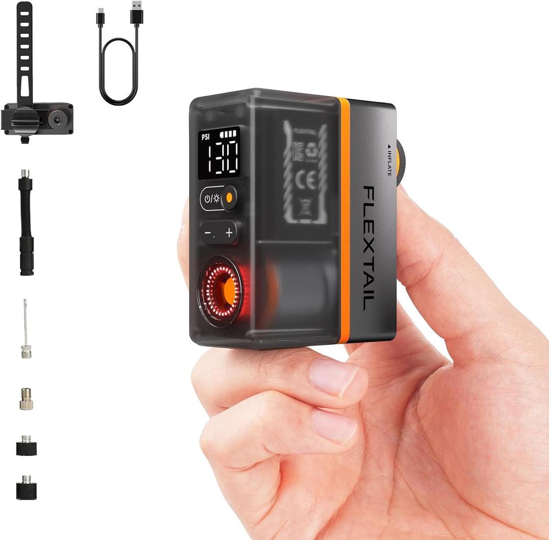 FLEXTAILGEAR Mini Portable Bike Tire Pump with Digital Gauge & Taillight, 130 PSI Electric Bicycle Pump, Presta and Schrader Valves, for Road, Mountain Bikes, Motorcycle, Balls