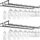 2 Pack Black Wine Glass Rack, 14 Inch Under Cabinet Stemware Holder, Wall Mounted Iron Wine Glass Hanging Rack for Shelf, Kitchen, Bar, Wine Cellar Storage, Organizer, Display