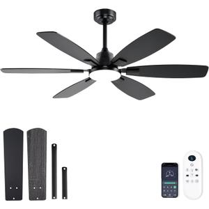 Ceiling Fans with Lights, 52 Inch Ceiling Fan with Light and Remote, 3CCT Dimmable, 6 Speed Reversible DC Motor,6 Blades Modern Black Ceiling Fan for Bedroom, Indoor/Outdoor Use