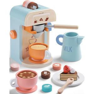 Tiny Land Kids Coffee Maker Wooden Kitchen Toys  17Pcs Toy Coffee Maker Playset  Wooden Play Toys, Play Kitchen Accessories for Girls & Boys