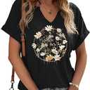 Boho Flowers V Neck Shirt for Womens Floral Wildflower Graphic Tee Short Sleeve Summer Casual Loose T Shirt Top (Black, L)