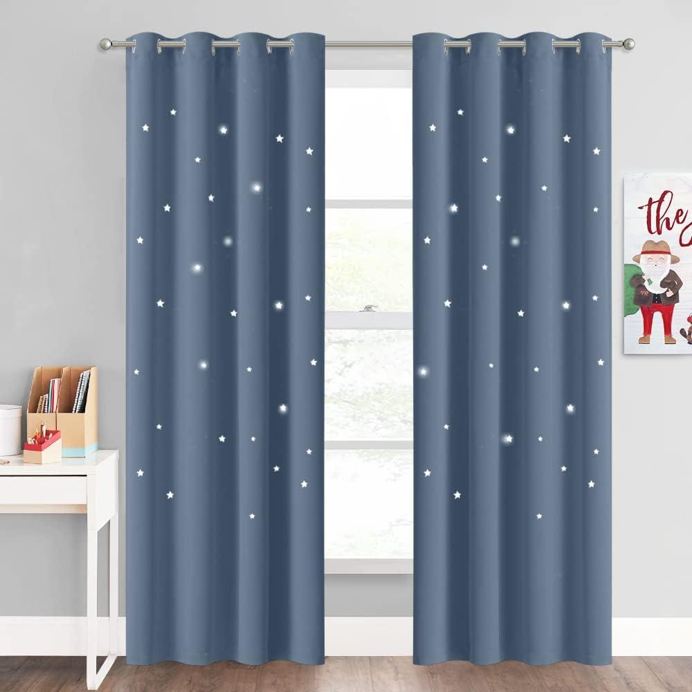 NICETOWN Stone Blue Nursery Curtains with Cut Out Stars, Room Darkening Kids Curtains for Small Window Decor, Grommet Thermal Insulated Short Drapes, 2 Panels, 52 x 84 Inch