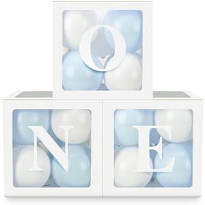 Baby Boy First Birthday Party Decorations 'ONE' Letters Individual Three White Transparent Square Boxes with 24 Balloons Decor for 1 Year Old Baby Birthday Party Decor Backdrop Favors