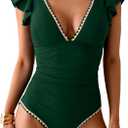 Women's One Piece Ruffle Swimsuit Tummy Control Bathing Suit V Neck Shell Stitched Swim Suit Slimming Swimwear (Medium, Green)