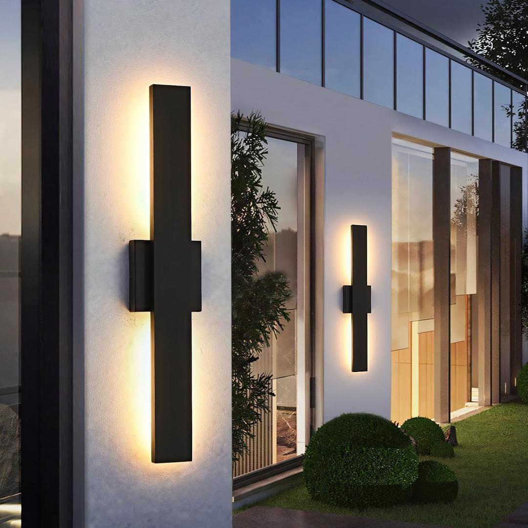23.6inch Long Outdoor Modern LED Wall Light,24W Waterproof IP65 Warm White Led Wall Mount Lighting Fixture Black Outdoor Wall Sconces Outside Lights for House Garage Front Door Patio 2 Pack