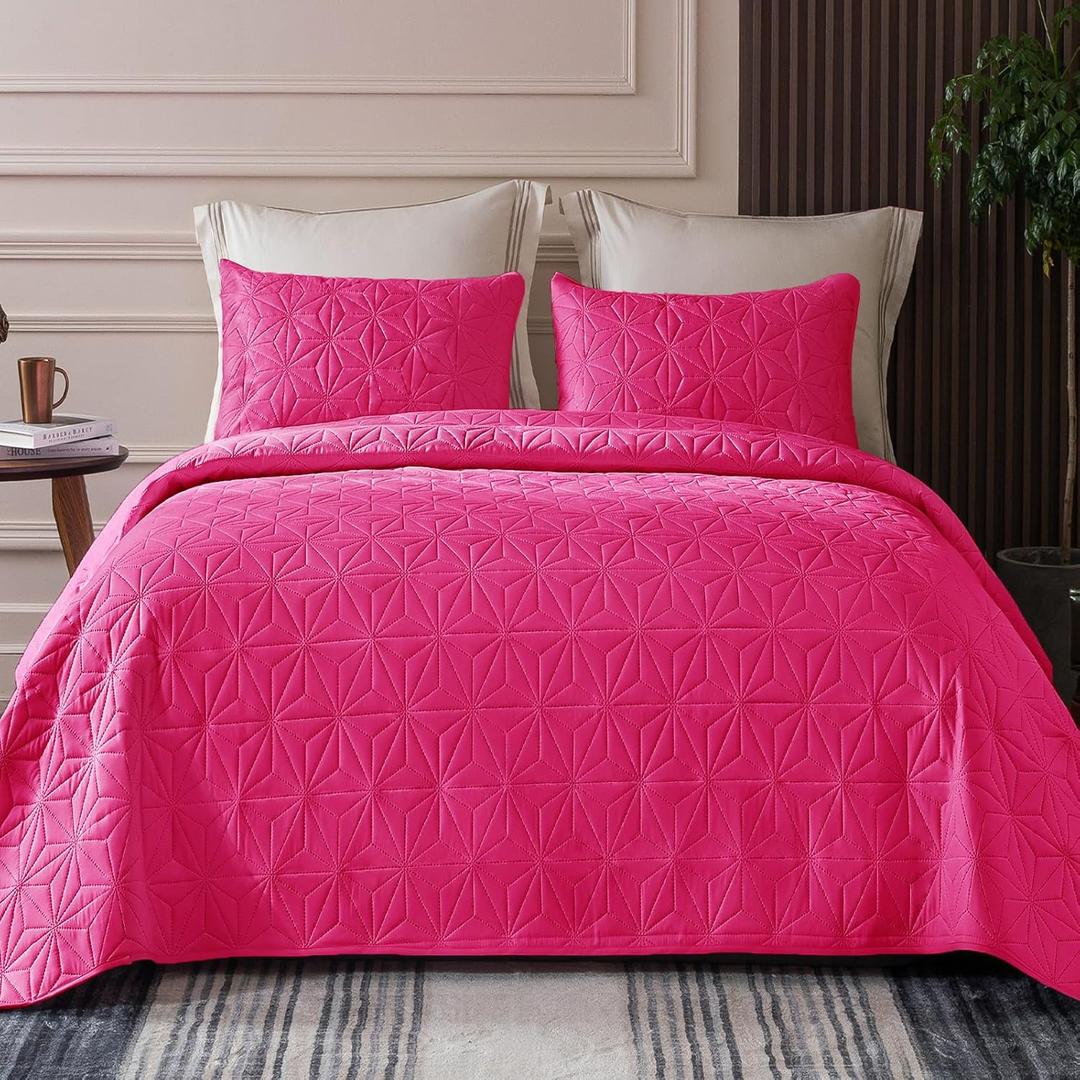 Whale Flotilla King Quilt Bedding Set, Soft Hot Pink Bedspreads Quilts King Size for All Seasons, 3 Pieces Lightweight Geometric Star Pattern Coverlet, King,96"x104"