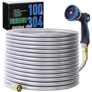 100FT 5/8'' Garden Hose, 304 Stainless Steel Water Hose, Flexible with a 10-Mode Nozzle Sprayer, No Kink, Lightweight, Puncture Proof Metal Hose, Ideal for Yard, Lawn, Outdoor