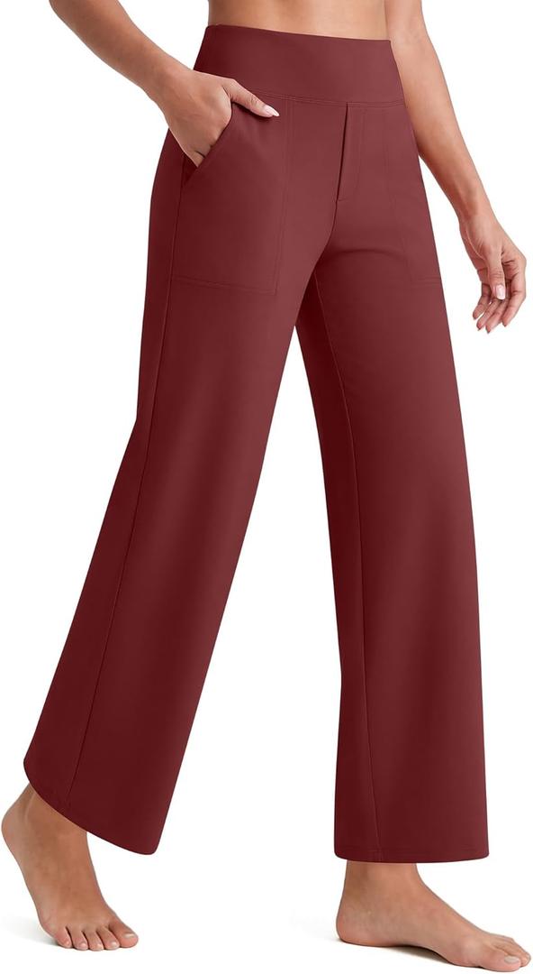 G4Free EverGoing Wide Leg Ankle Pants for Women 7/8 Length Yoga Dress Pants High Waist Stretch with Pockets Casual Work (Large, Wine)