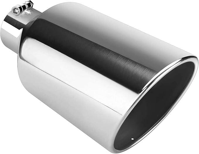 AUTOSAVER88 4 Inch Inlet Exhaust Tip, 4" Inlet 8.2" Outlet 15" Long Chrome Plated Finish Stainless Steel Diesel Exhaust Tail Tip for 82" Outside Diameter Tailpipe, Rolled Angle Cut, Bolt On, Polished