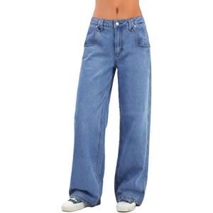 EMMIOL Baggy Straight Leg Jeans, Y2K Vintage Distressed Loose Fit, Large Pocket Boyfriend Wide Leg Trousers, Vintage Blue (Blue)