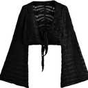 OYOANGLE Women's Plus Size Hollow Out Crochet Cardigan Sweater Tie Front Bell Sleeve Cropped Bolero Shrugs