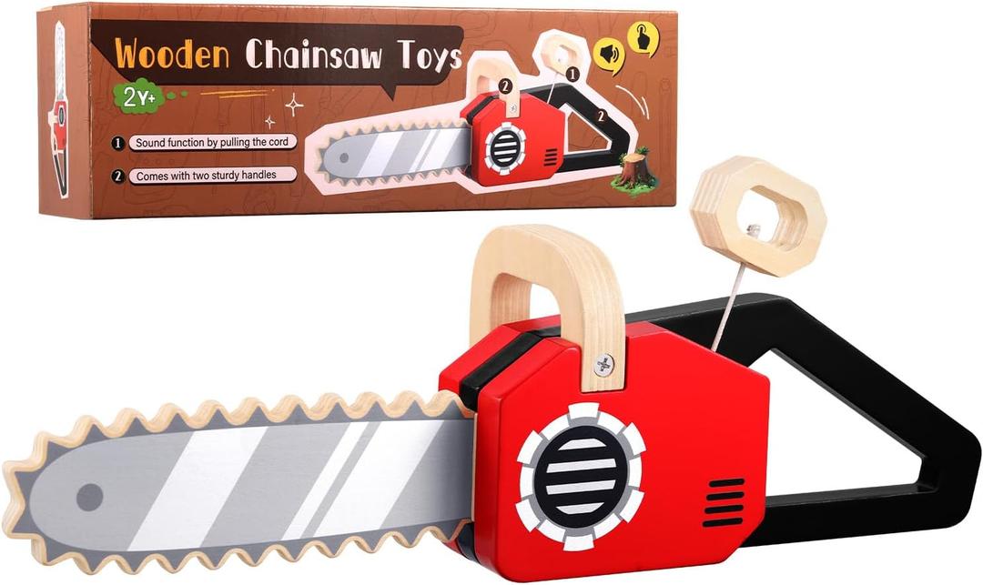 GAGAKU Wooden Toy Kids Chainsaw Tool Set, Pretend Play Construction Tools with Realistic Sound & Pull-Start, Durable STEM Learning Toys for Toddlers Boys Ages 2+, Gift for Christmas(Battery Free)