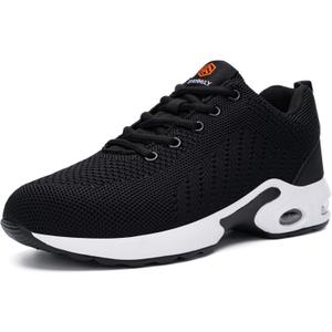FENLERN Steel Toe Shoes for Women Lightweight Medium and Wide Size Safety Shoes Comfortable Work Shoe Sneakers Indestructible Colchn de Aire Zapatos de Trabajo para Mujer (7.5, Black White)